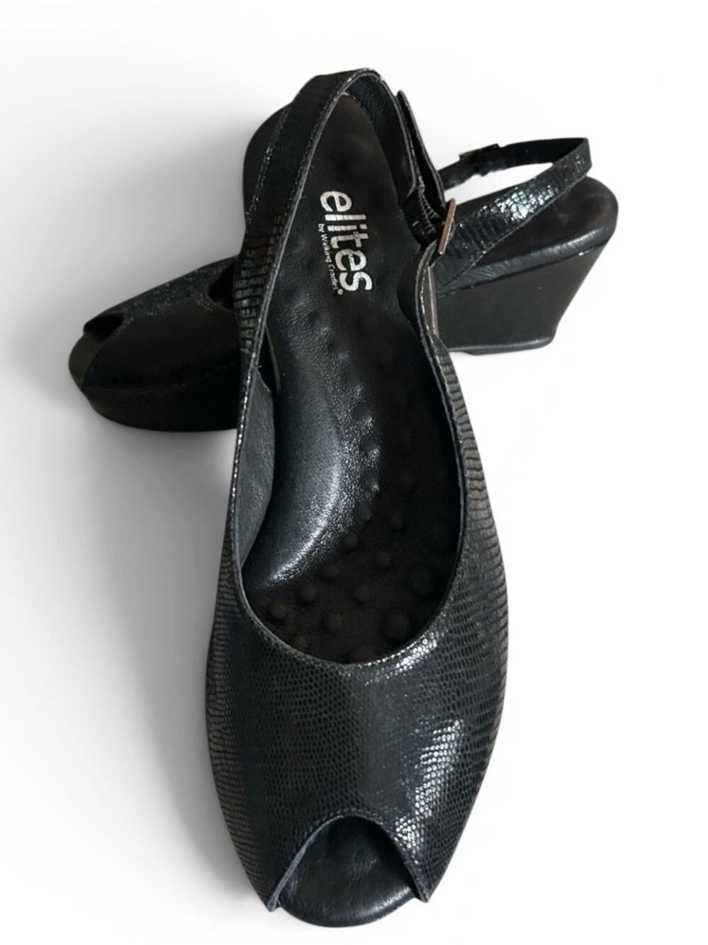 Elites by Walking Cradles Black Reptile Print Slingback Peep Toe Wedges Size 8 - Picture 9 of 10